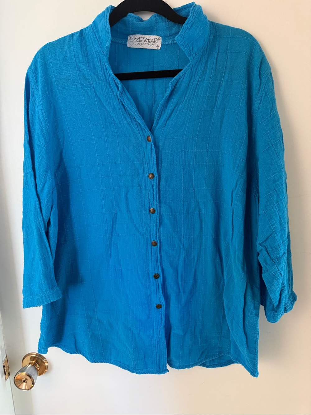 Ezzewear Turquoise Blue Cotton Gauze Tunic Shirt Large Made in Canada Lagenlook
